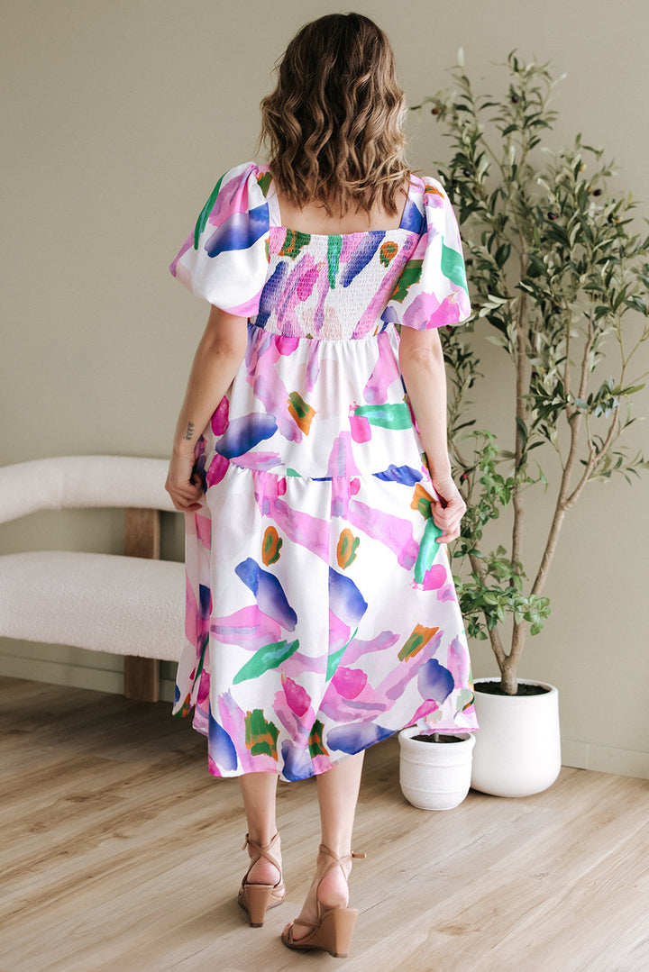 Abstract Print Puff Sleeve Smocked Back Midi Dress
