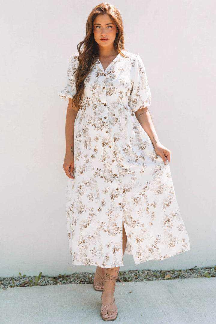 floral puff sleeve v neck buttoned front maxi dress