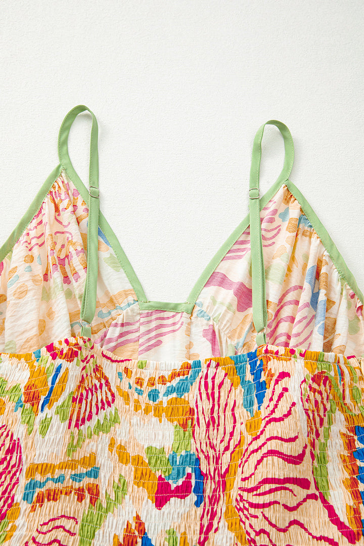 Abstract Print Spaghetti Strap Piping Detail Maxi Dres