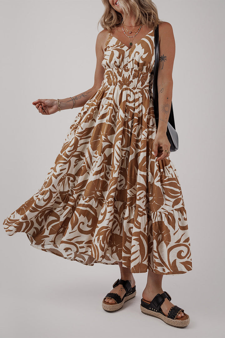 Floral Shirred High Waist Spaghetti Straps Maxi Dress