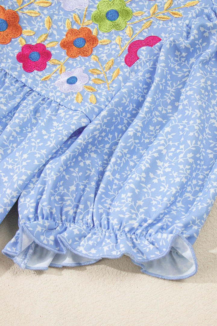 Floral Embroidered Puff Sleeve Notched V Neck Blouse