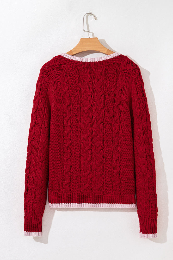 Color Contrast Edge Cable Knit Buttoned Cardigan