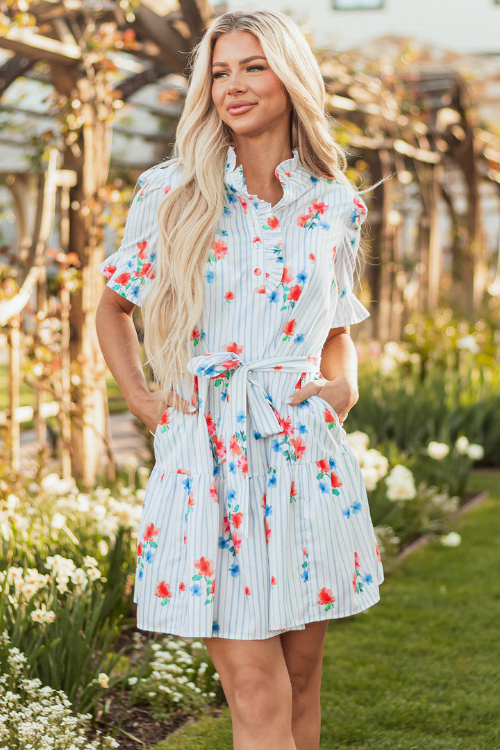 floral pattern ruffle short sleeve belted mini dress