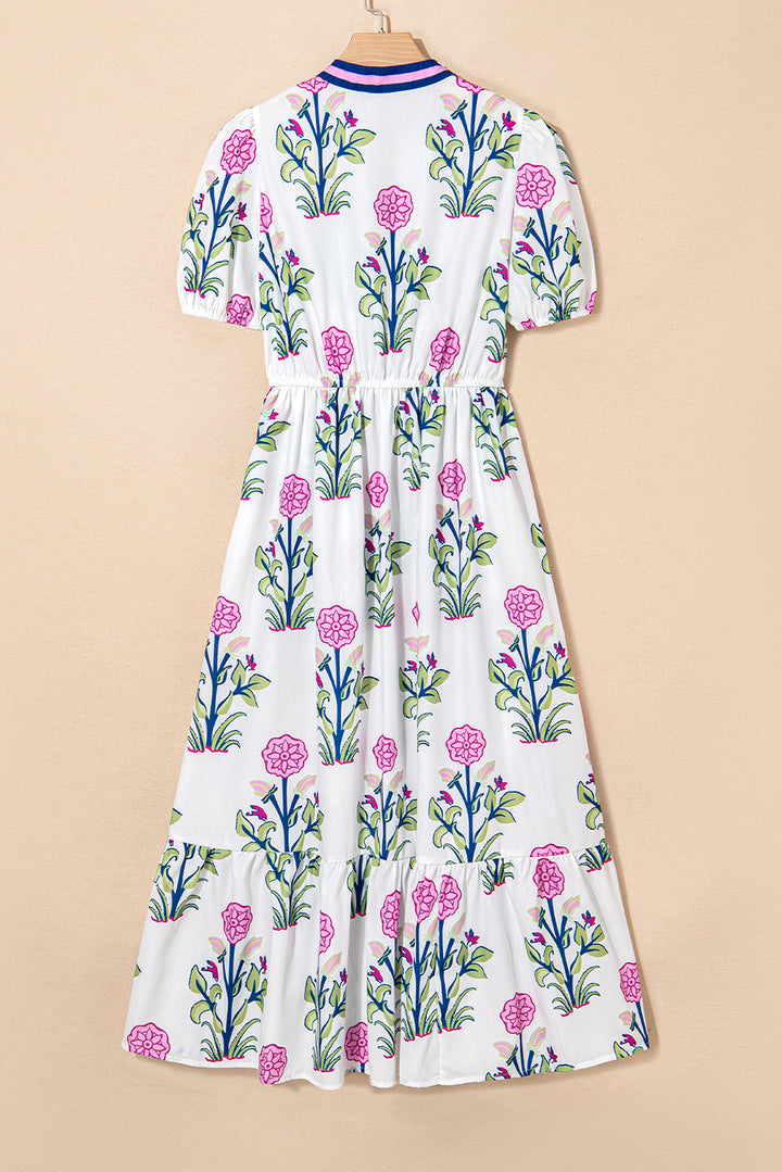 Schickes weißes Maxikleid mit Blumenmuster und Puffärmeln und V-Ausschnitt