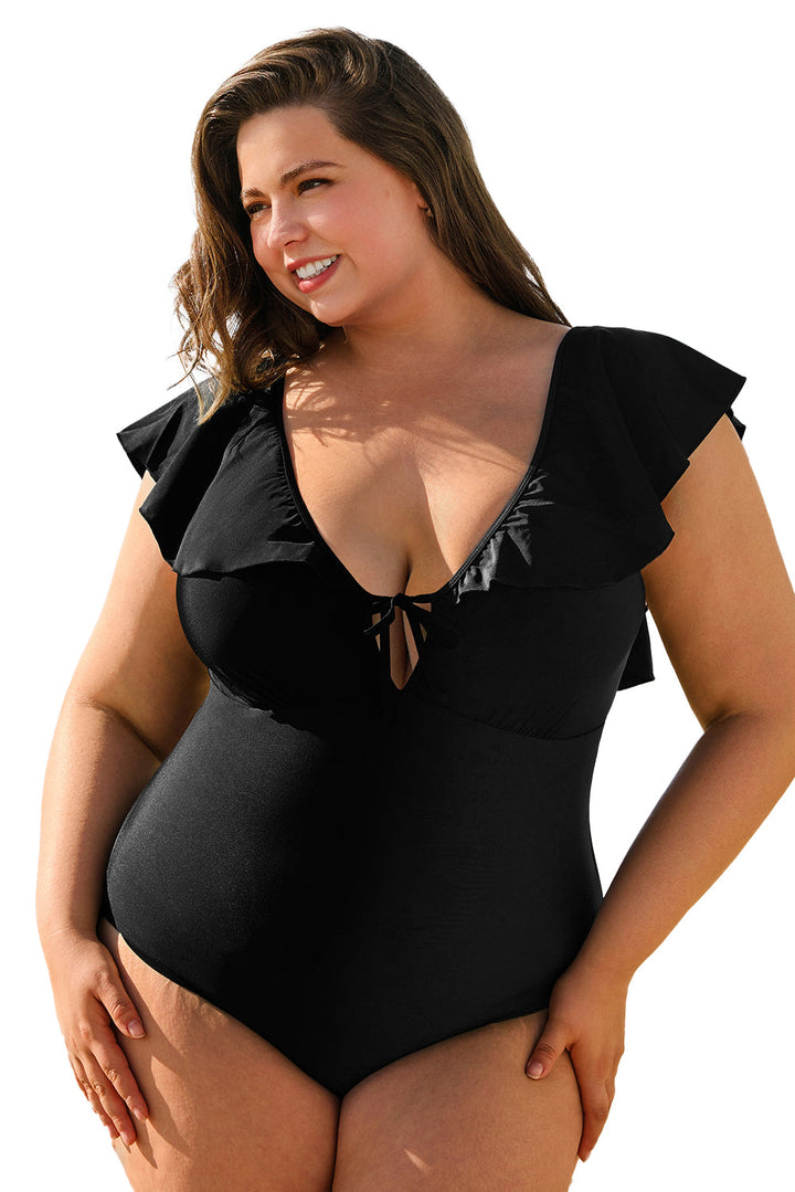 Ruffled Sleeve Lace-up V Neck Plus Size One Piece Swimsuit