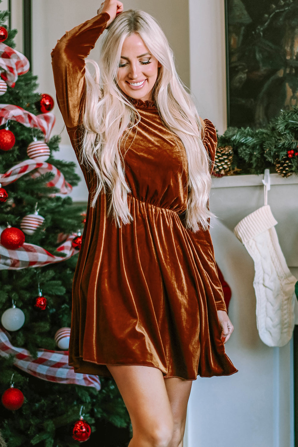 Chic Velvet Frilled Neck Gigot Sleeve Swing Dress – ModeShe