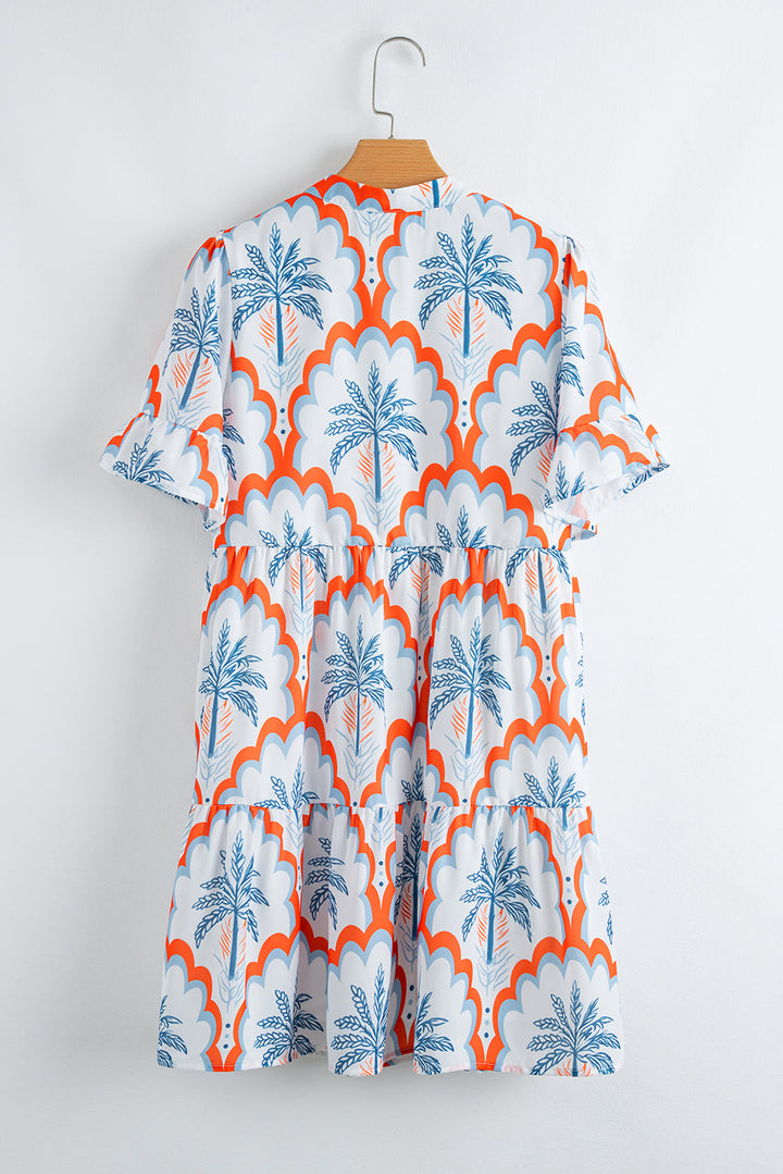 contrast palm tree printed short sleeve flowy dress