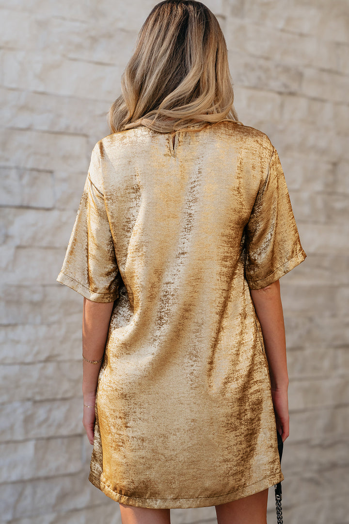 Metallic Luster Crewneck Mini T-Shirt Dress