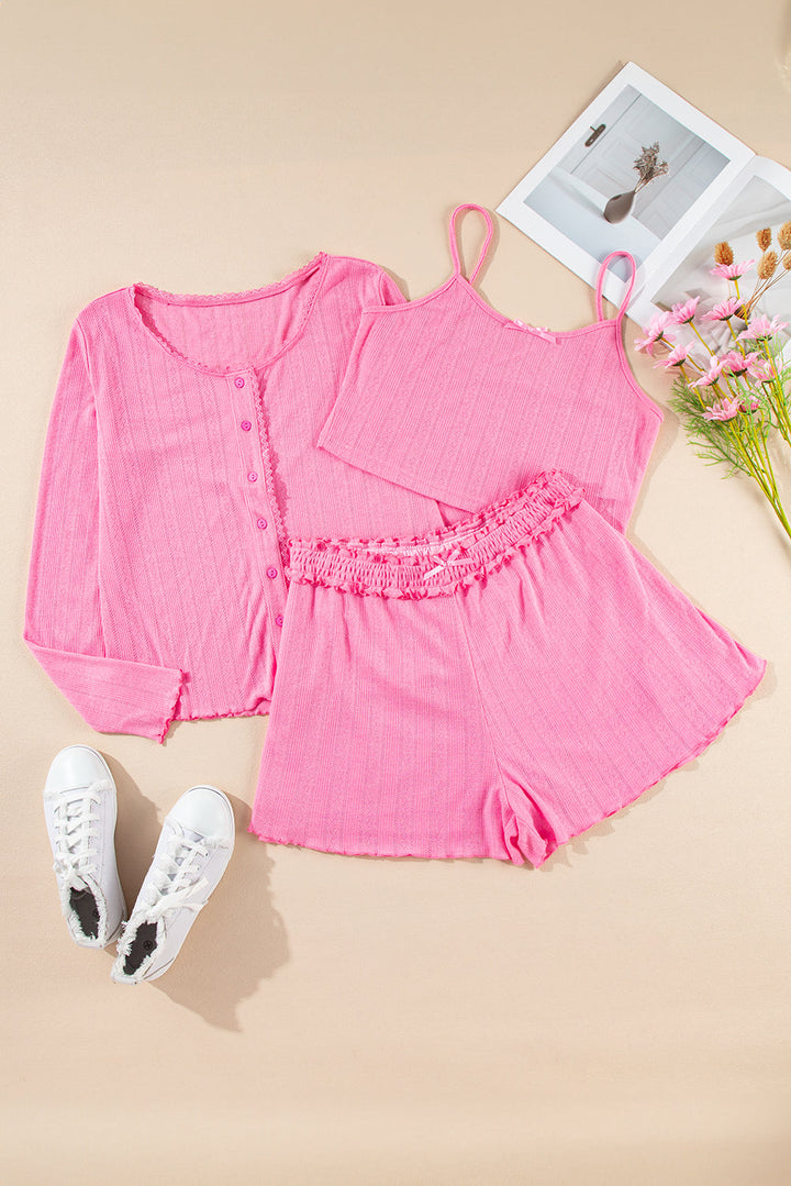 delicate texture cropped cami shorts and cardigan 3pcs lounge set