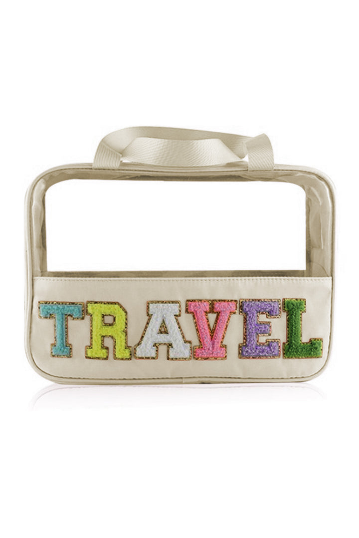 Trousse de maquillage TRAVEL en PVC transparent avec lettres en chenille