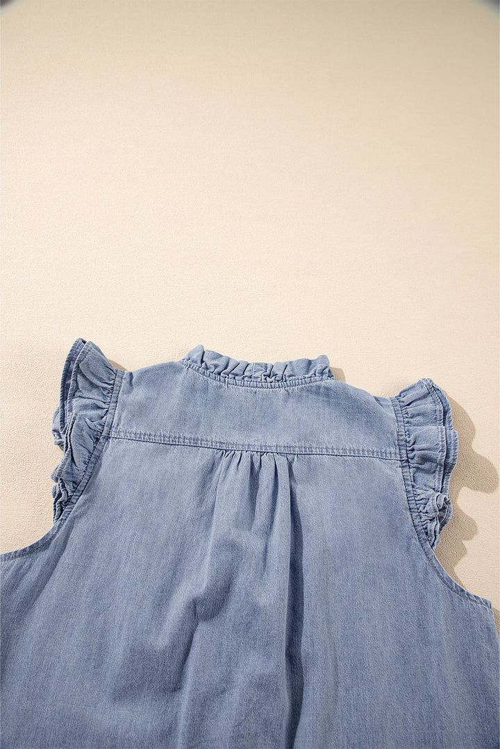 Frilly Ruffle Trim V Neck Chambray Tank Top