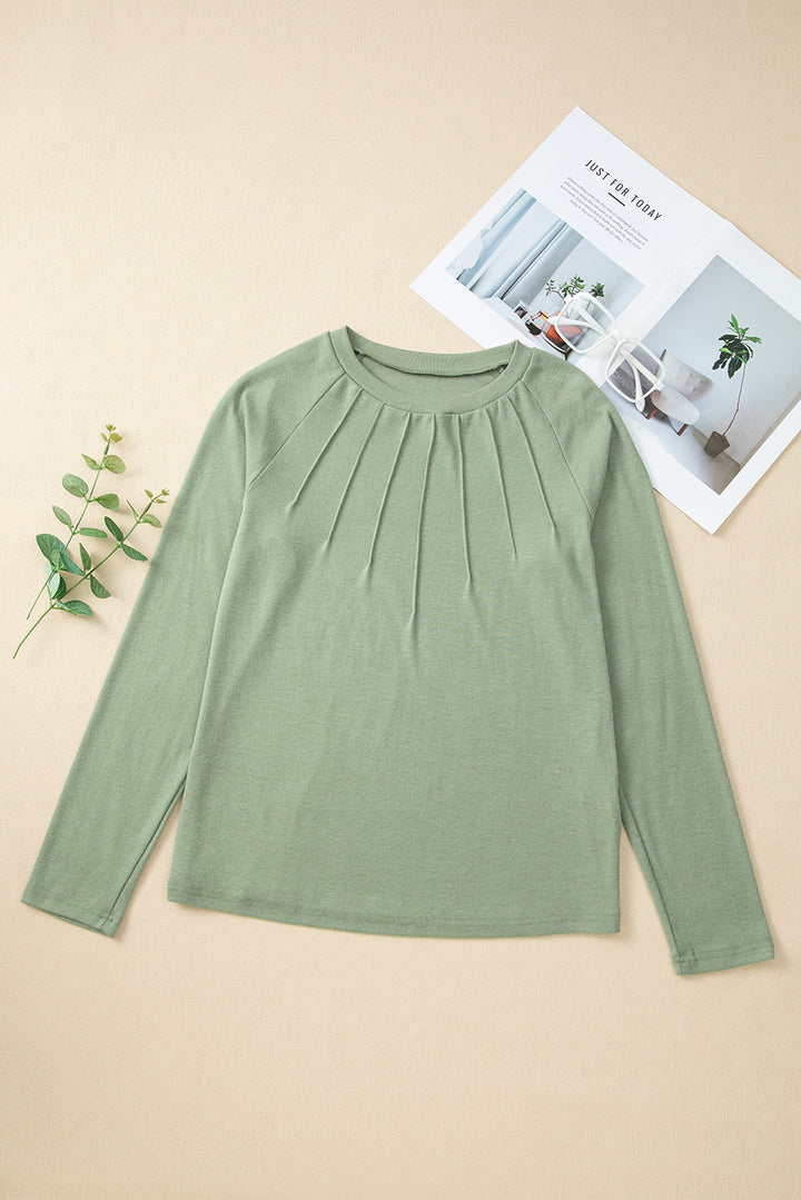 Green Solid Color Seam Detail Raglan Long Sleeve Top