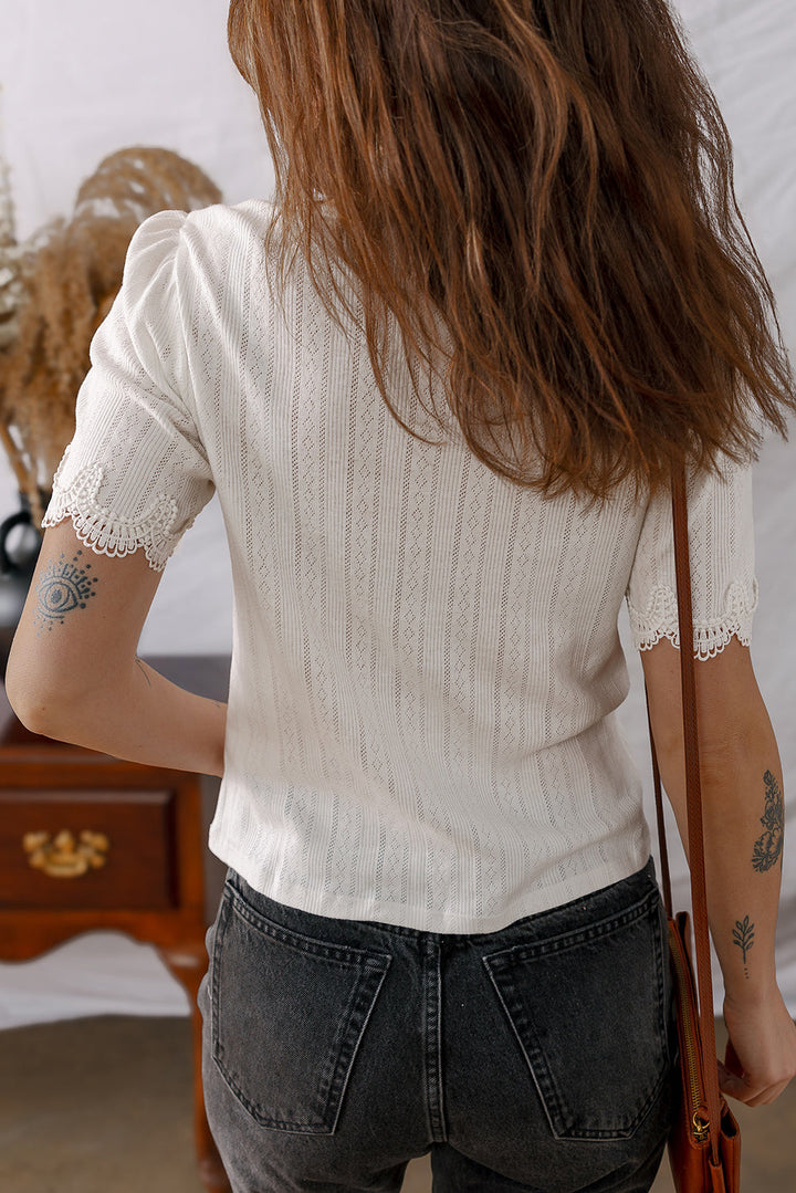 scalloped lace trim jacquard textured t shirt