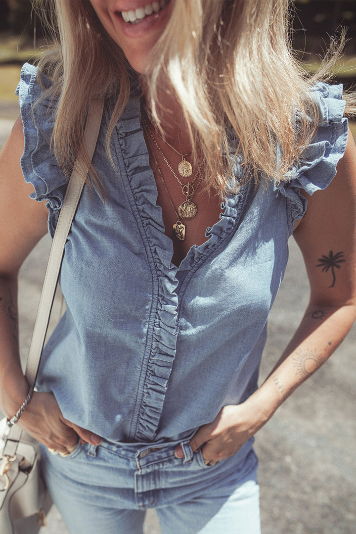 Frilly Ruffle Trim V Neck Chambray Tank Top