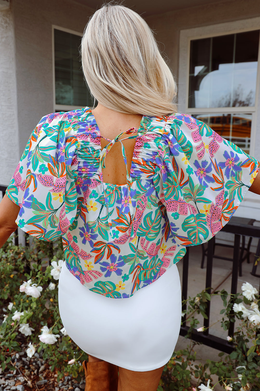 plant print loose fit puff sleeve square neck blouse