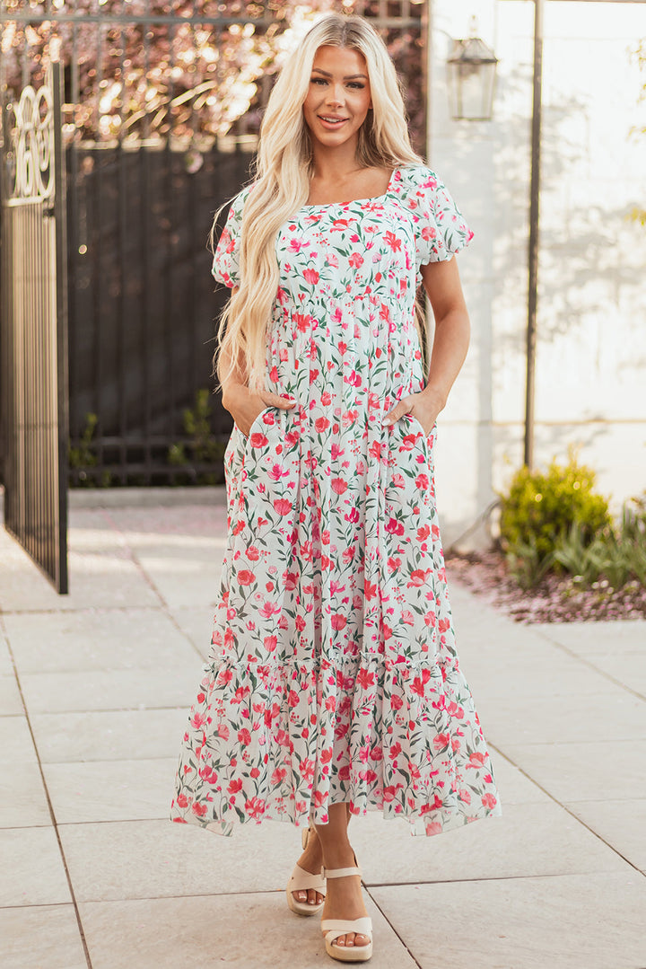 floral puff sleeve square neck empire waist tiered maxi dress