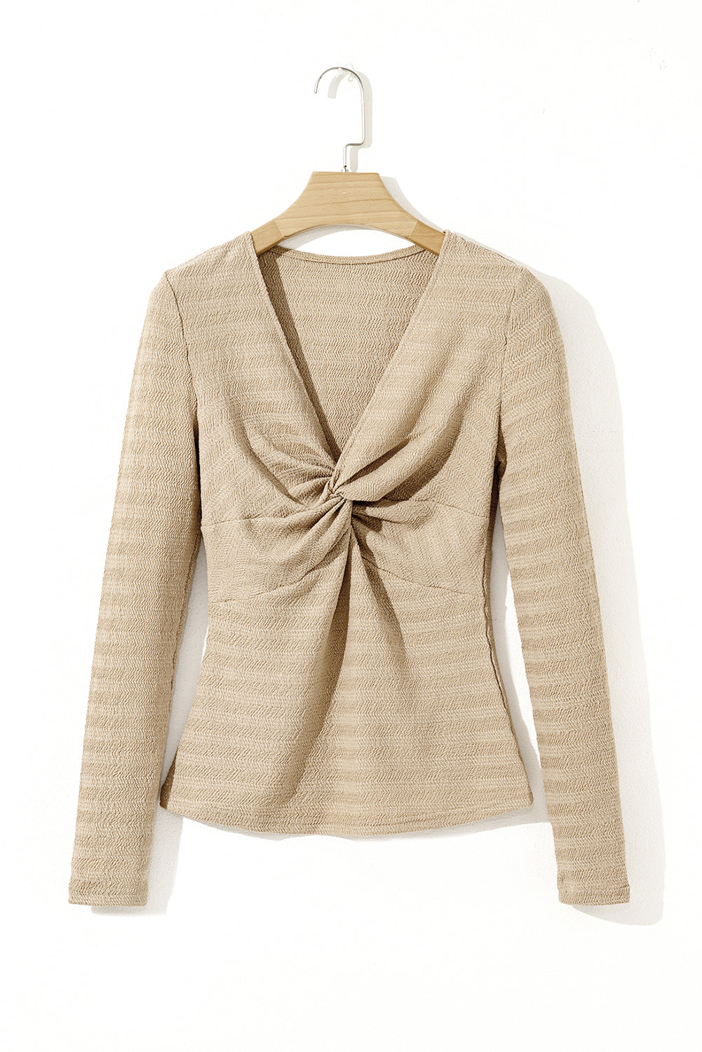 Helles Khaki-Oberteil mit V-Ausschnitt, langen Ärmeln und schmaler, einfarbiger Optik