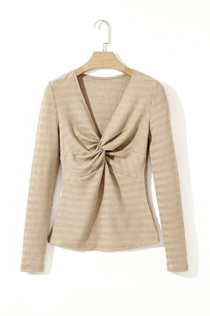 Helles Khaki-Oberteil mit V-Ausschnitt, langen Ärmeln und schmaler, einfarbiger Optik