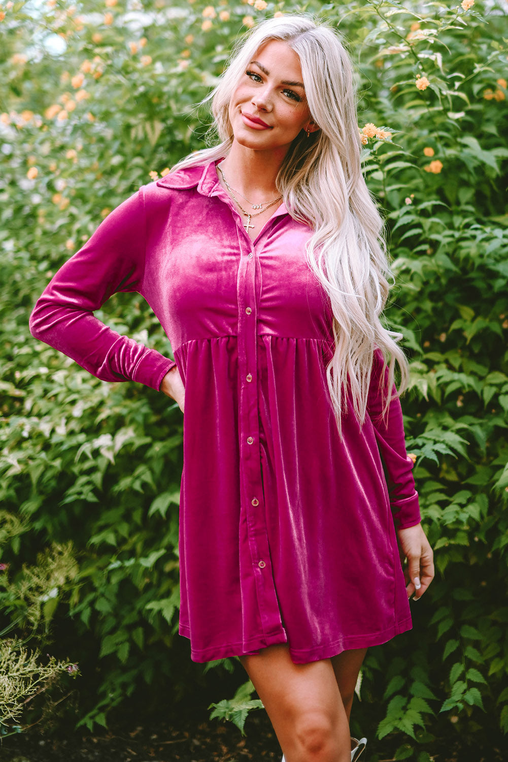 velvet button up dress Chic Long Sleeve Ruffle Velvet Button Up Dress – ModeShe