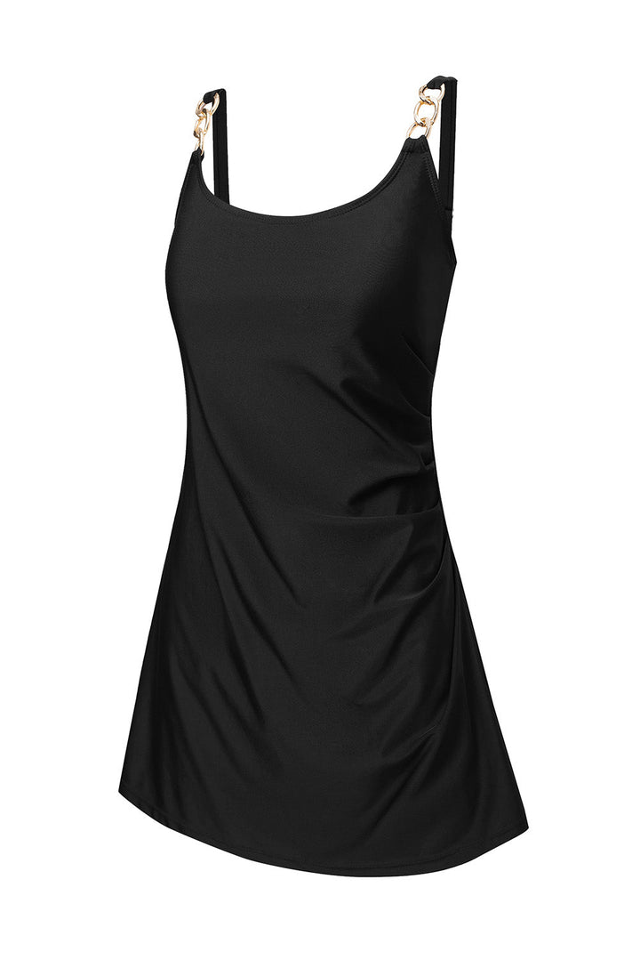 grommet shoulder strap pleated swim dress