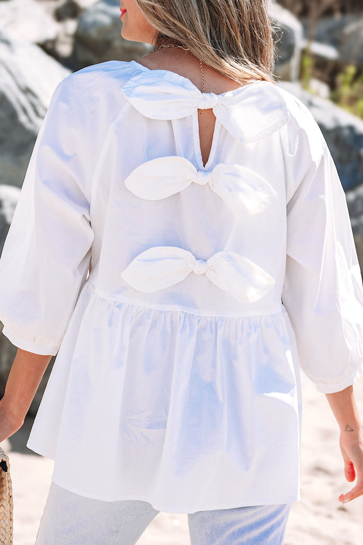 Bow Knot Cutout Back Loose Fit 3/4 Sleeve Blouse