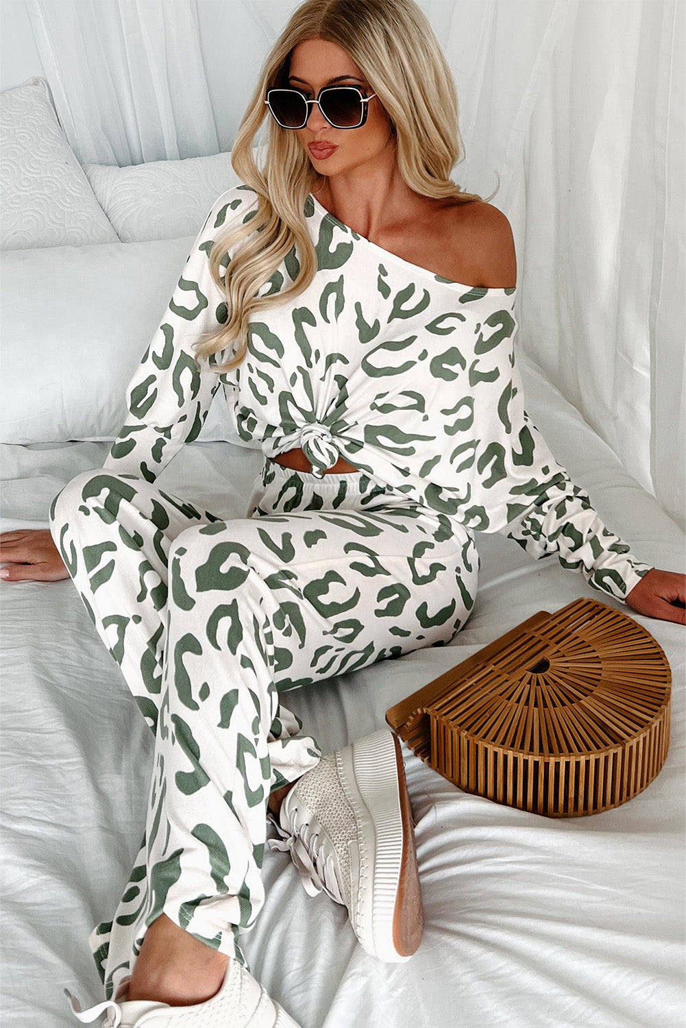 leopard animal print long sleeve and pants loungewear set