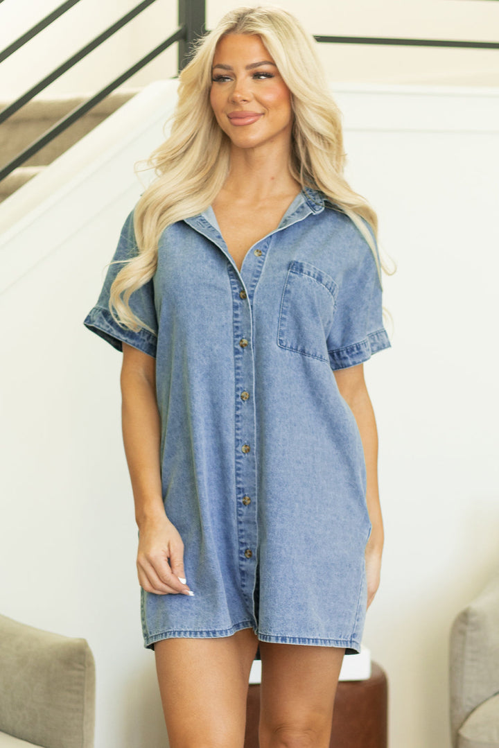 Short Sleeve Pocketed Button up Denim Tunic Dress