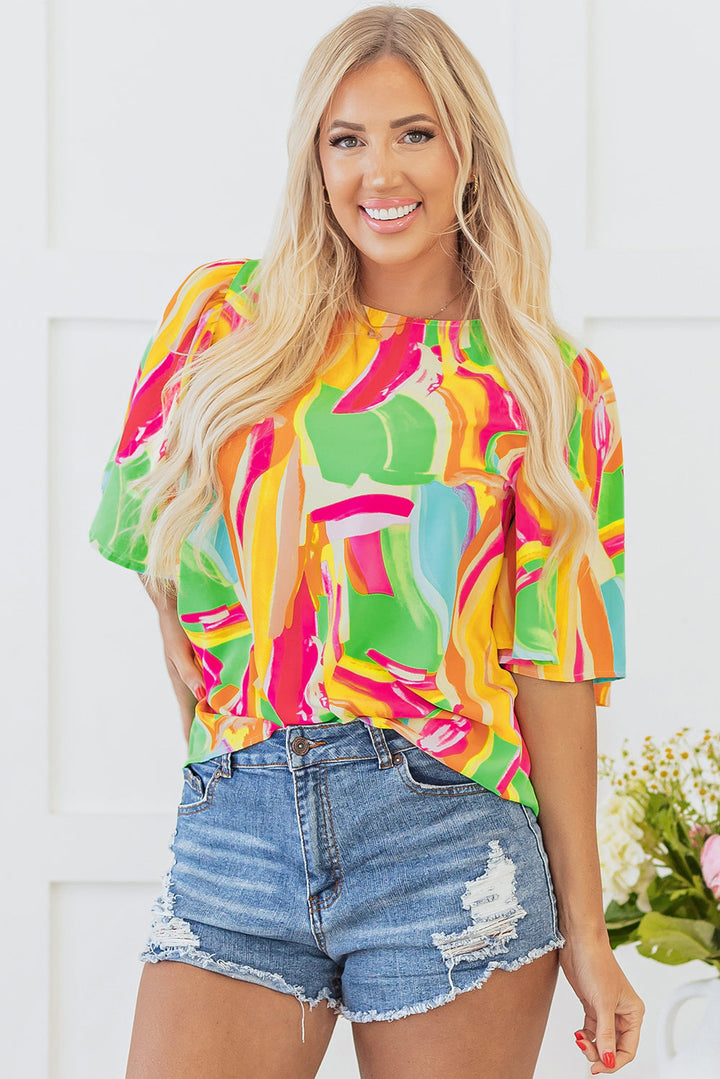 Abstract Print Keyhole Back Pleated Half Sleeve Blouse