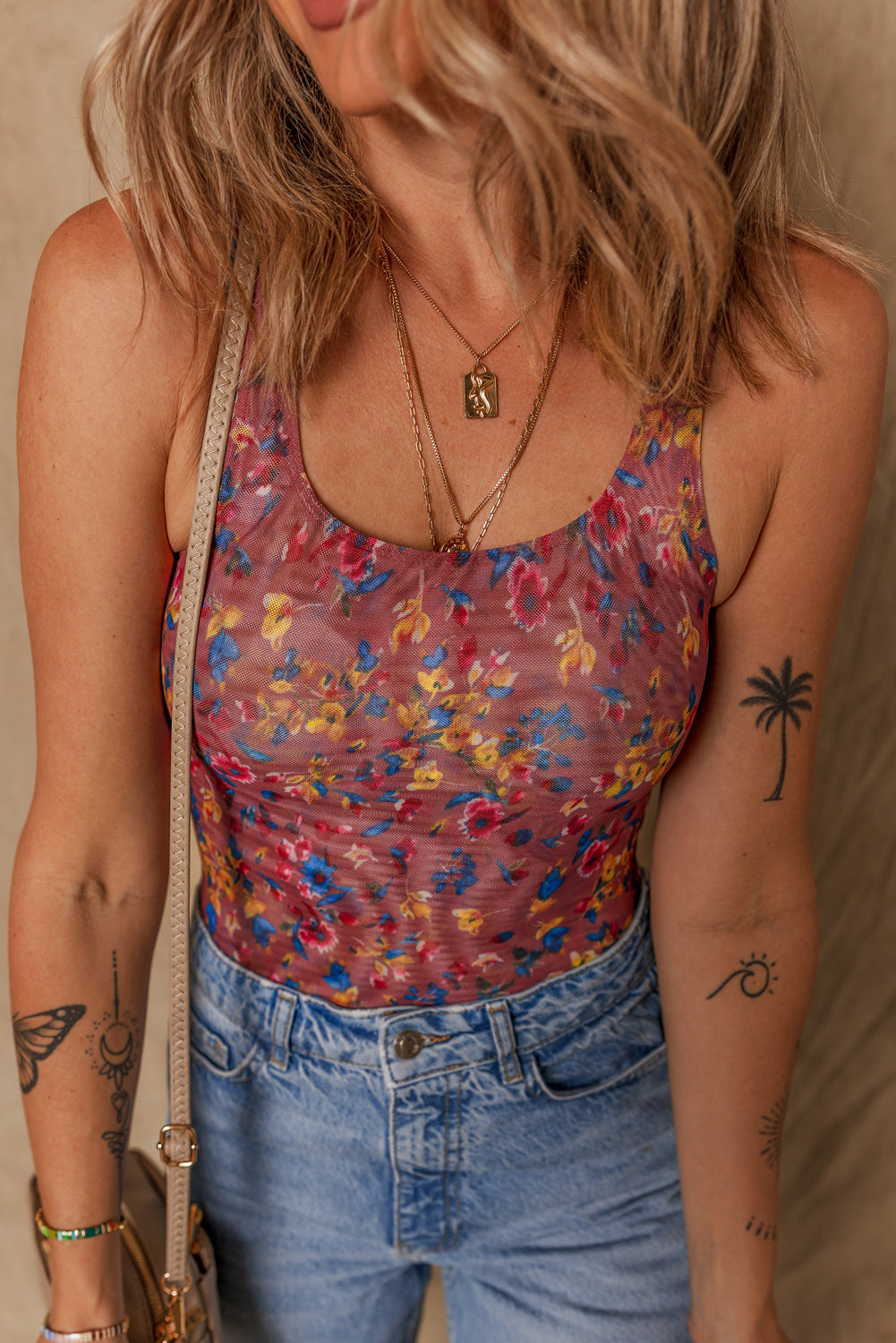 Floral Printed Mesh U Neck Sleeveless Bodysuit