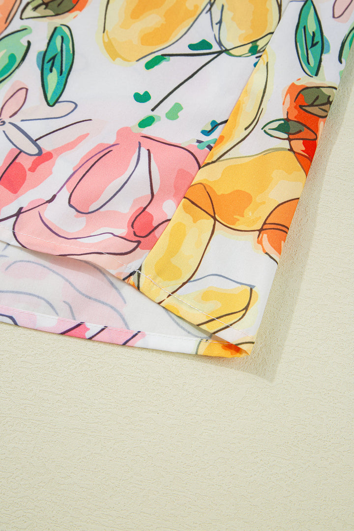 DEARLOVER  Floral Print Striped Yoke Frilled V Neck Puff Short Sleeve Blouse