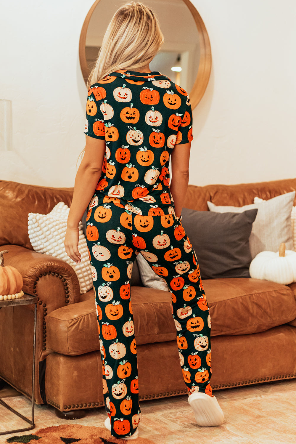 halloween pattern short sleeve shirt pajama set