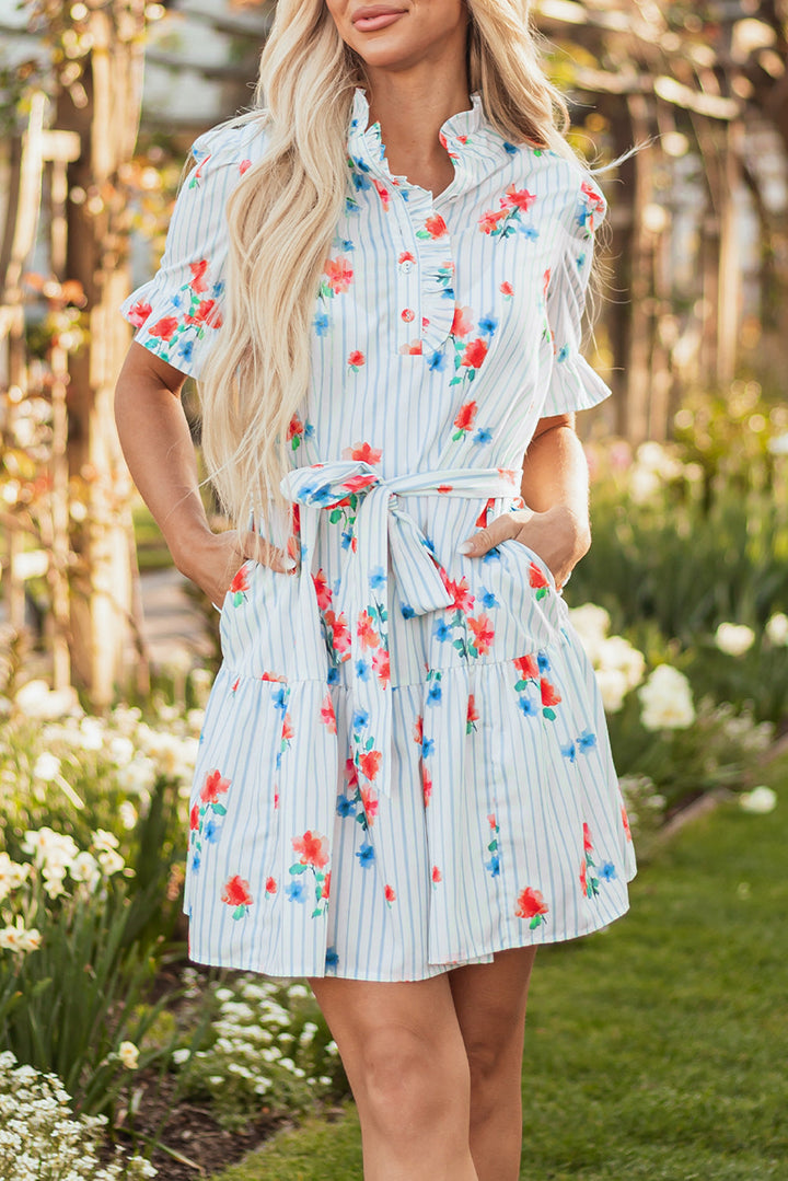floral pattern ruffle short sleeve belted mini dress