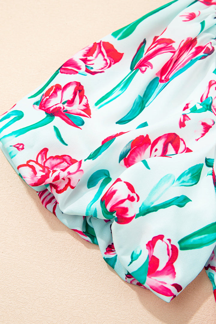 floral print contrast trim v neck bubble short sleeve babydoll dress