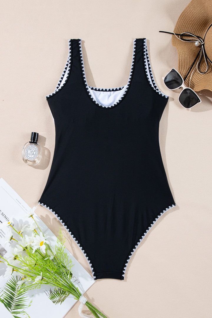 color block ric rac trim u neck one piece swimsuit
