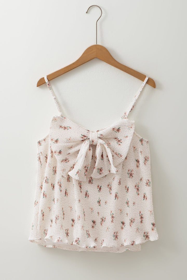 Floral Pleated Big Bow Back Spaghetti Straps Tank Top
