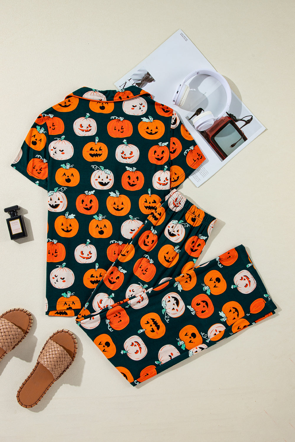 halloween pattern short sleeve shirt pajama set