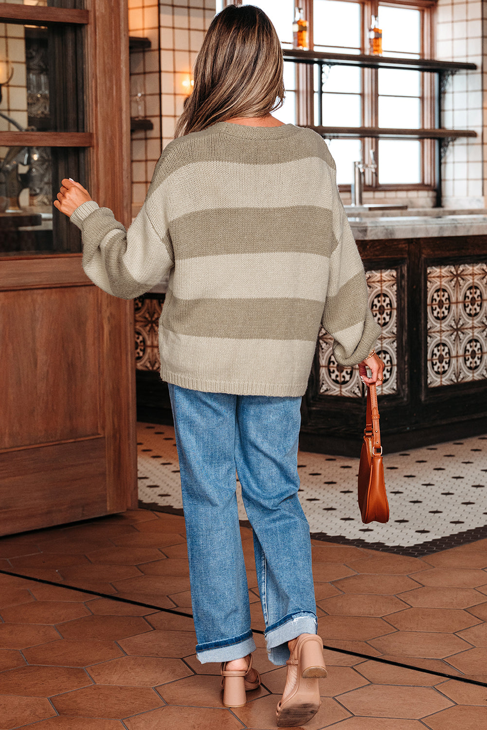 Striped Color Block Brushed Knit Bow Tie Front Sweater Cardigan