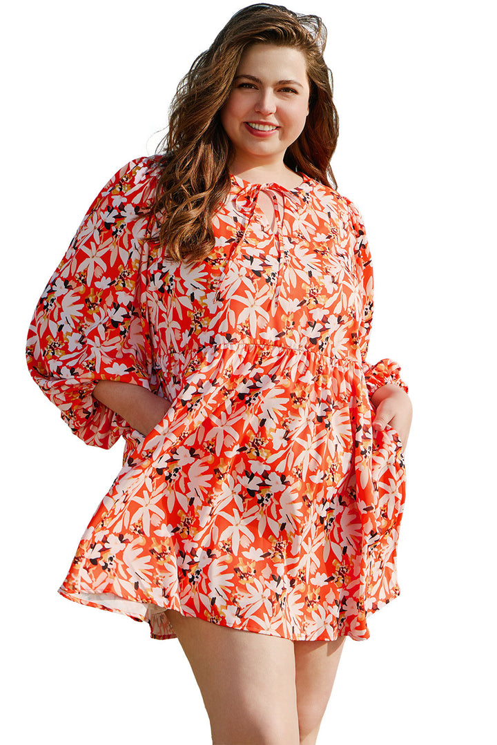 Floral Print Split V Neck Bubble Sleeve Plus Size Midi Dress