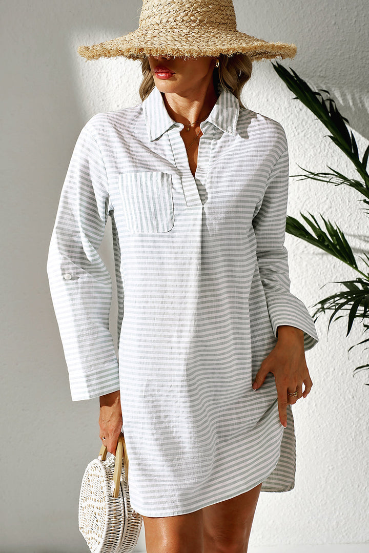 collared v neck chest pocket long sleeve beach cover up