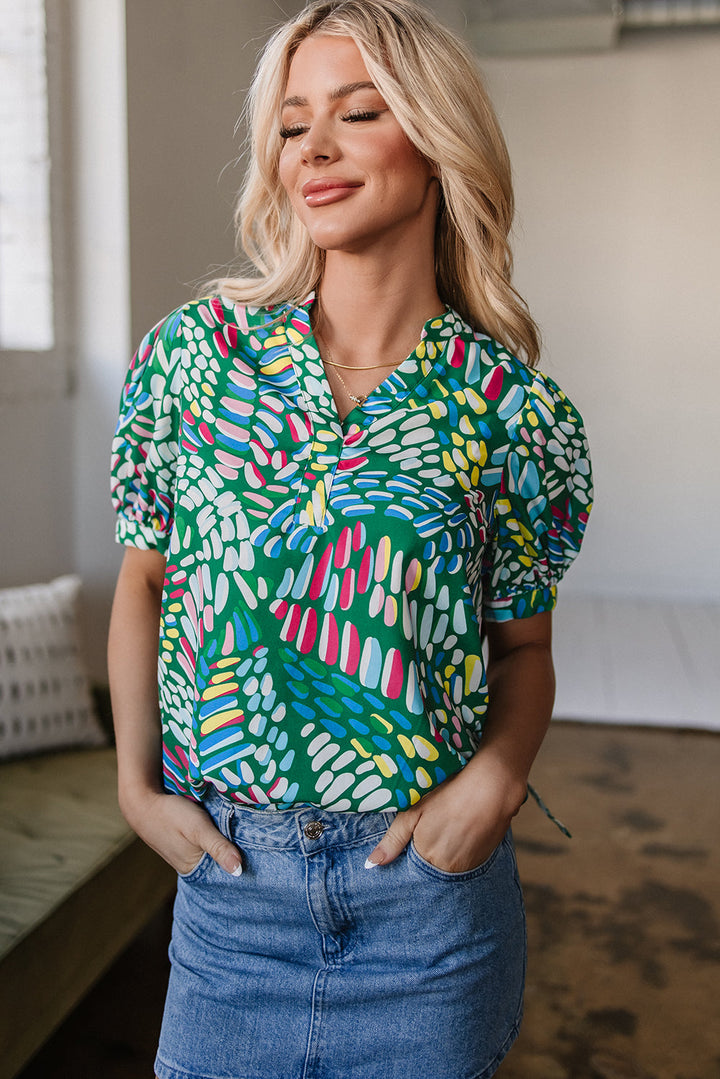 Brushwork Geometric Print Puff Sleeve Notched Neck Blouse