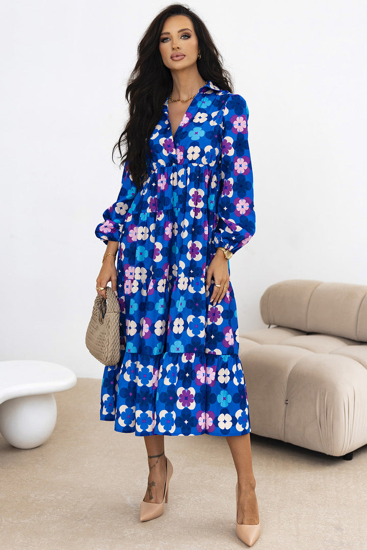 Floral Peasant Sleeve Tiered Ruffle Midi Dress