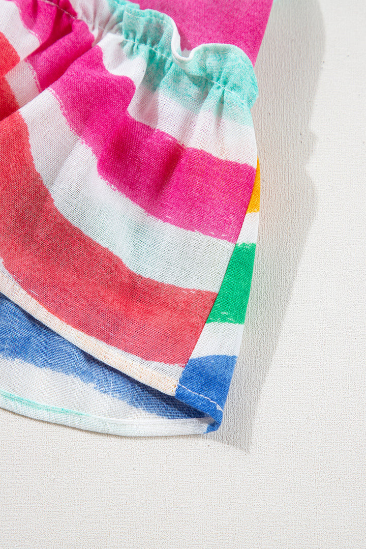 rainbow stripes ruffled hem drawstring v neck tank top