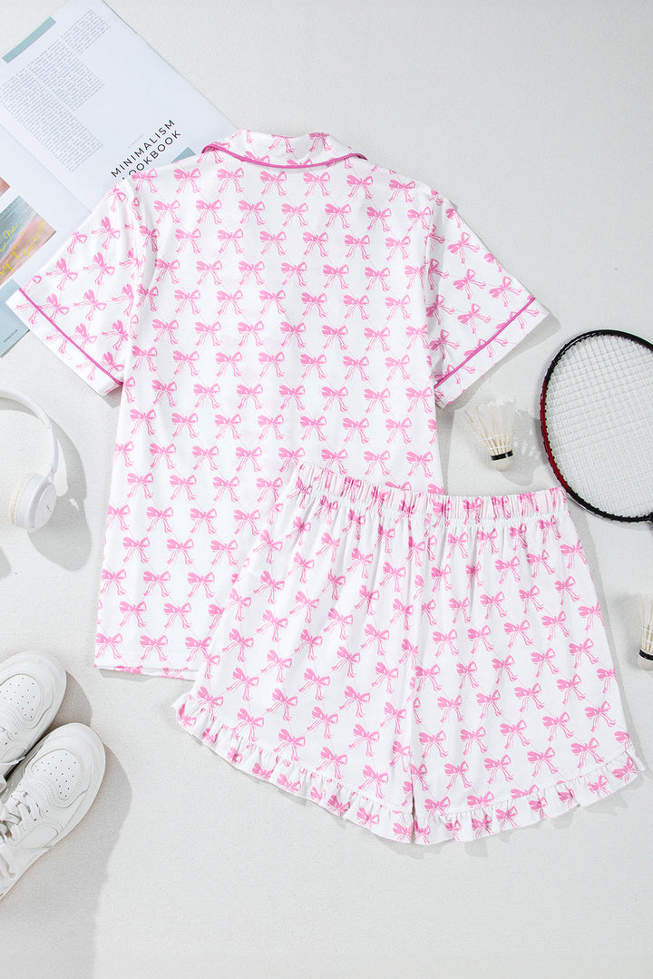 bowknot printed short sleeve and ruffled shorts pajama set