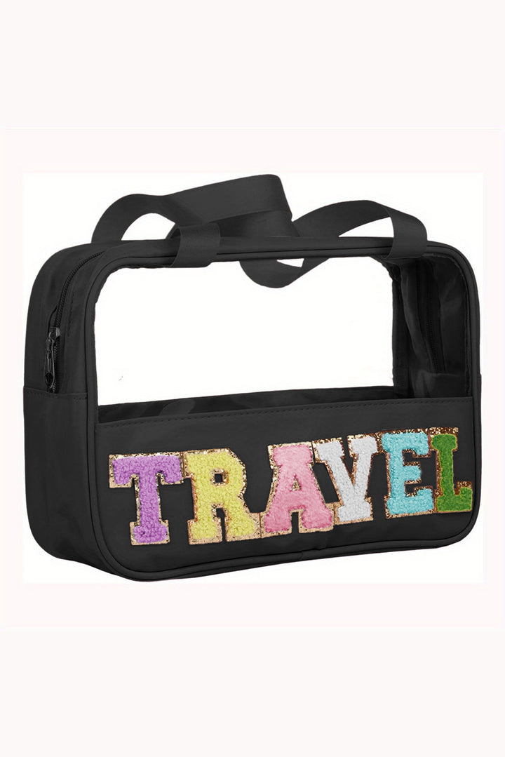 Trousse de maquillage TRAVEL en PVC transparent avec lettres en chenille