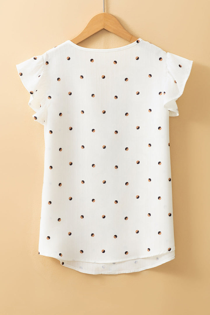 polka dot print ruffled shoulder v neck tank top