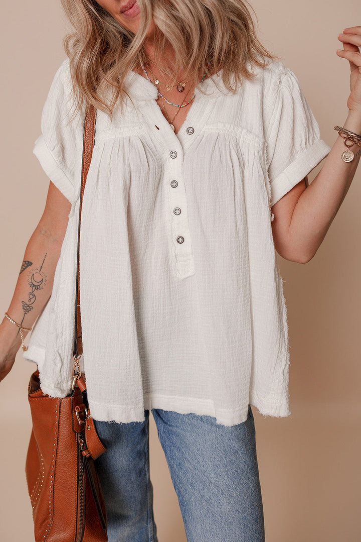 textured short sleeve buttons frayed blouse