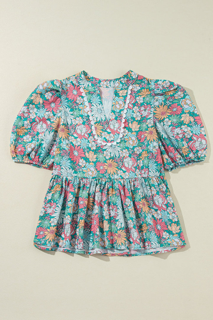 notched neck puff short sleeve floral blouse