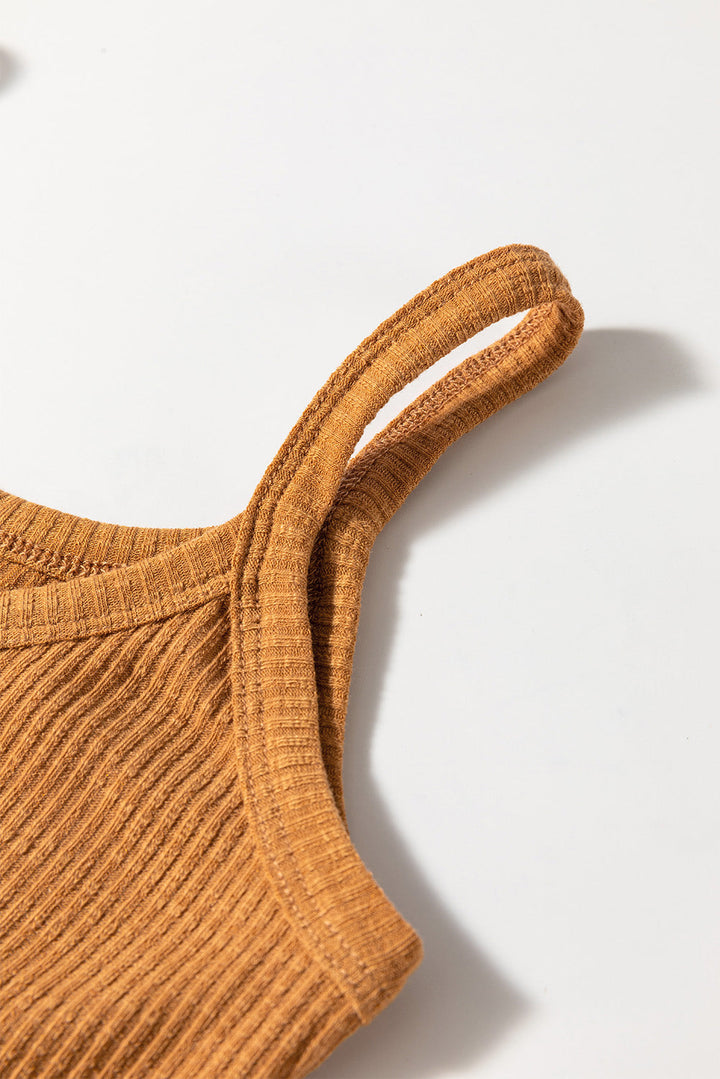 Ribbed Front Knot Buttoned Thin Strap Tank Top