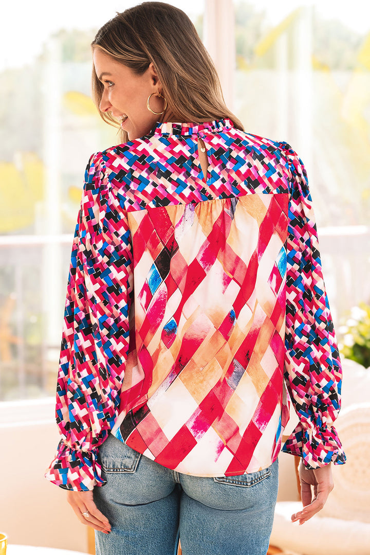 Abstract Geometric Pattern Patchwork Puff Sleeve Blouse