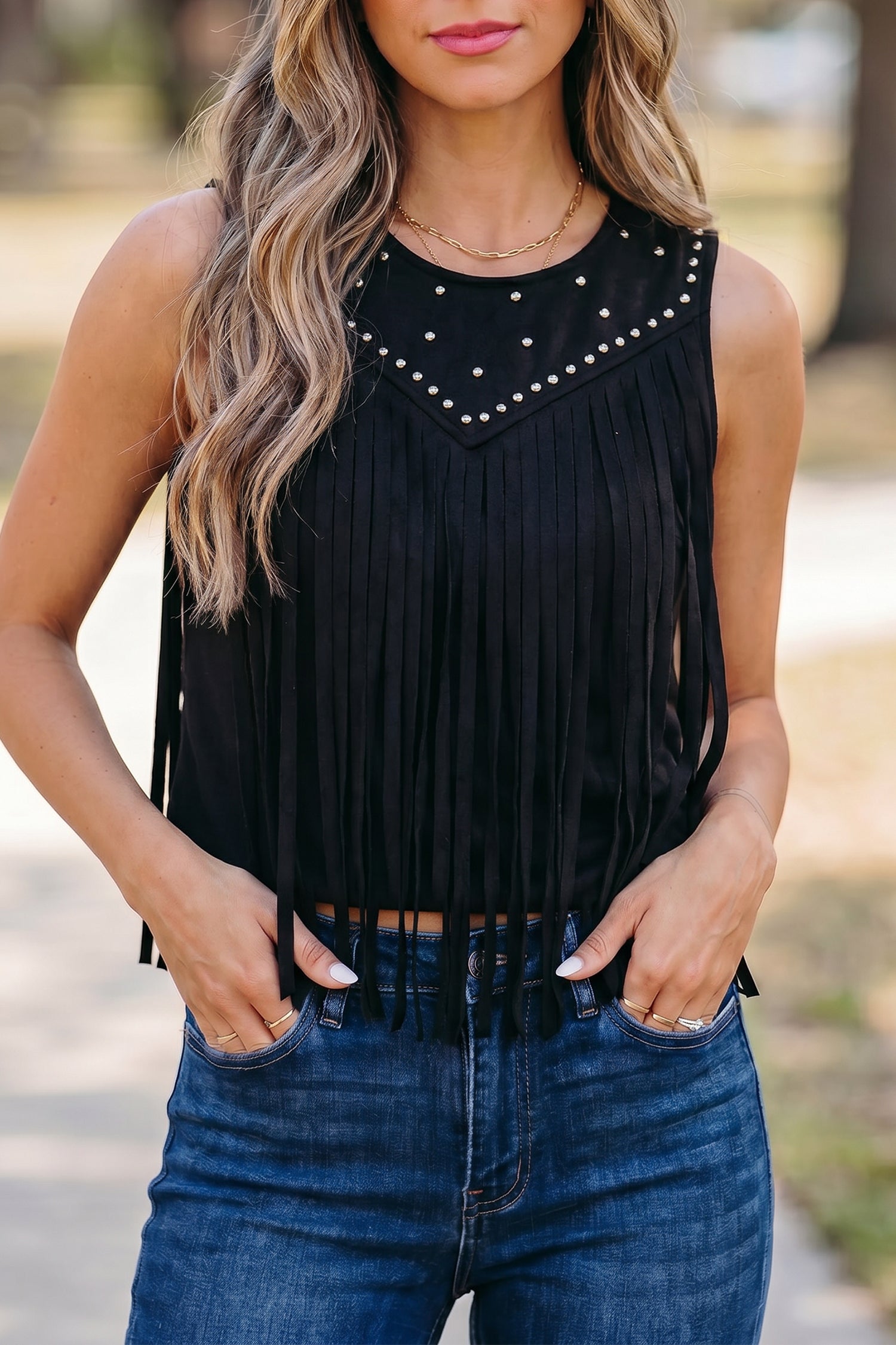 Black Western Fringe Rivet Paneling Bust Sleeveless Top – ModeShe